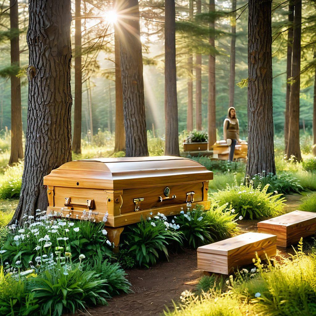 A serene woodland scene with dappled sunlight filtering through the trees, highlighting a natural burial site adorned with wildflowers and eco-friendly caskets. A family in sustainable attire stands nearby, embracing the green environment around them. A biodegradable urn and a tree-planting ceremony in the background illustrate green memorial practices. art style: realistic. tranquil tones. natural colors.