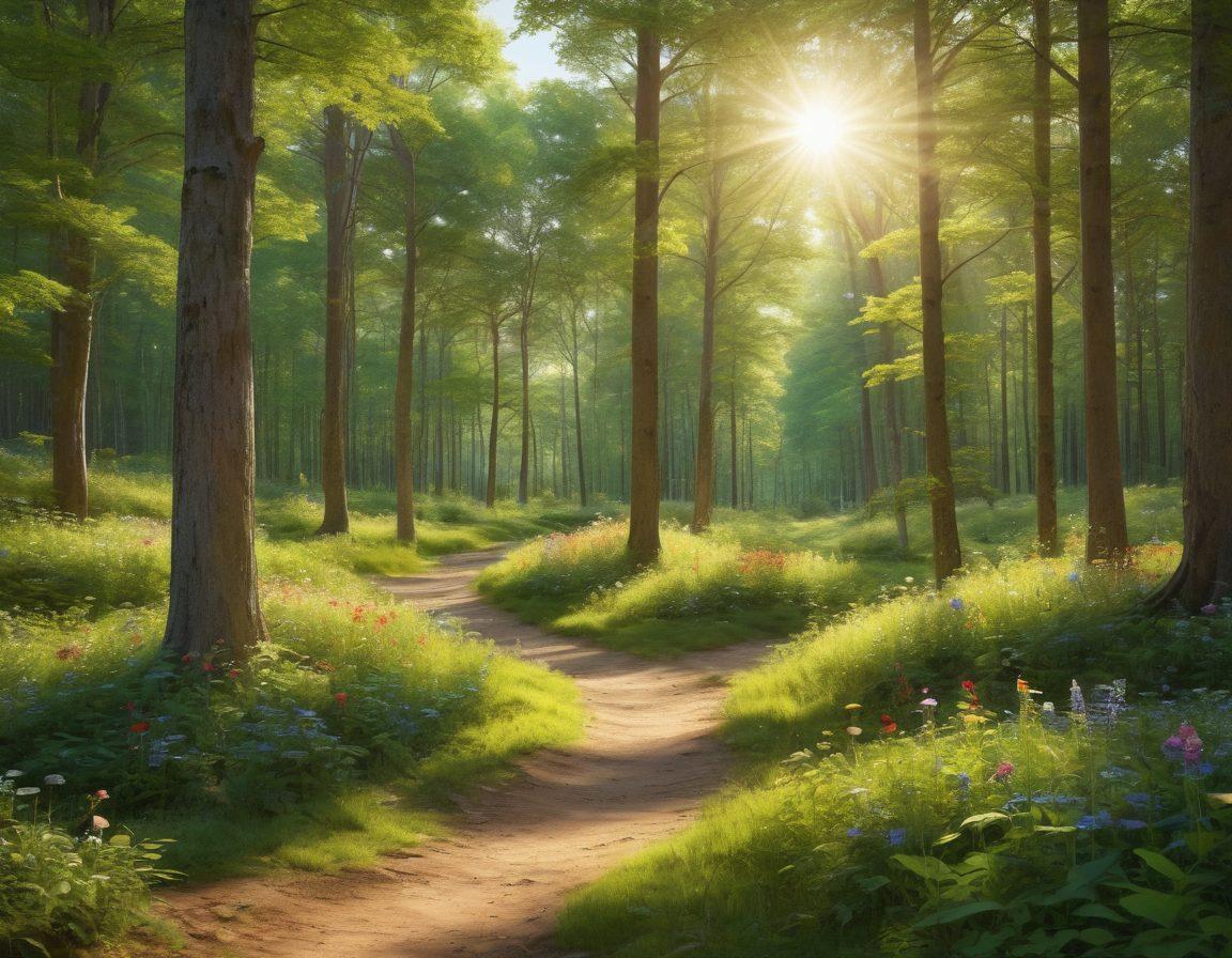 A serene forest glade with delicate rays of sunlight filtering through the verdant canopy, a natural burial ground marked by simple wooden markers adorned with wildflowers, a sense of peace and respect for nature, families walking softly among the trees remembering their loved ones. super-realistic. vibrant colors. tranquil ambiance.