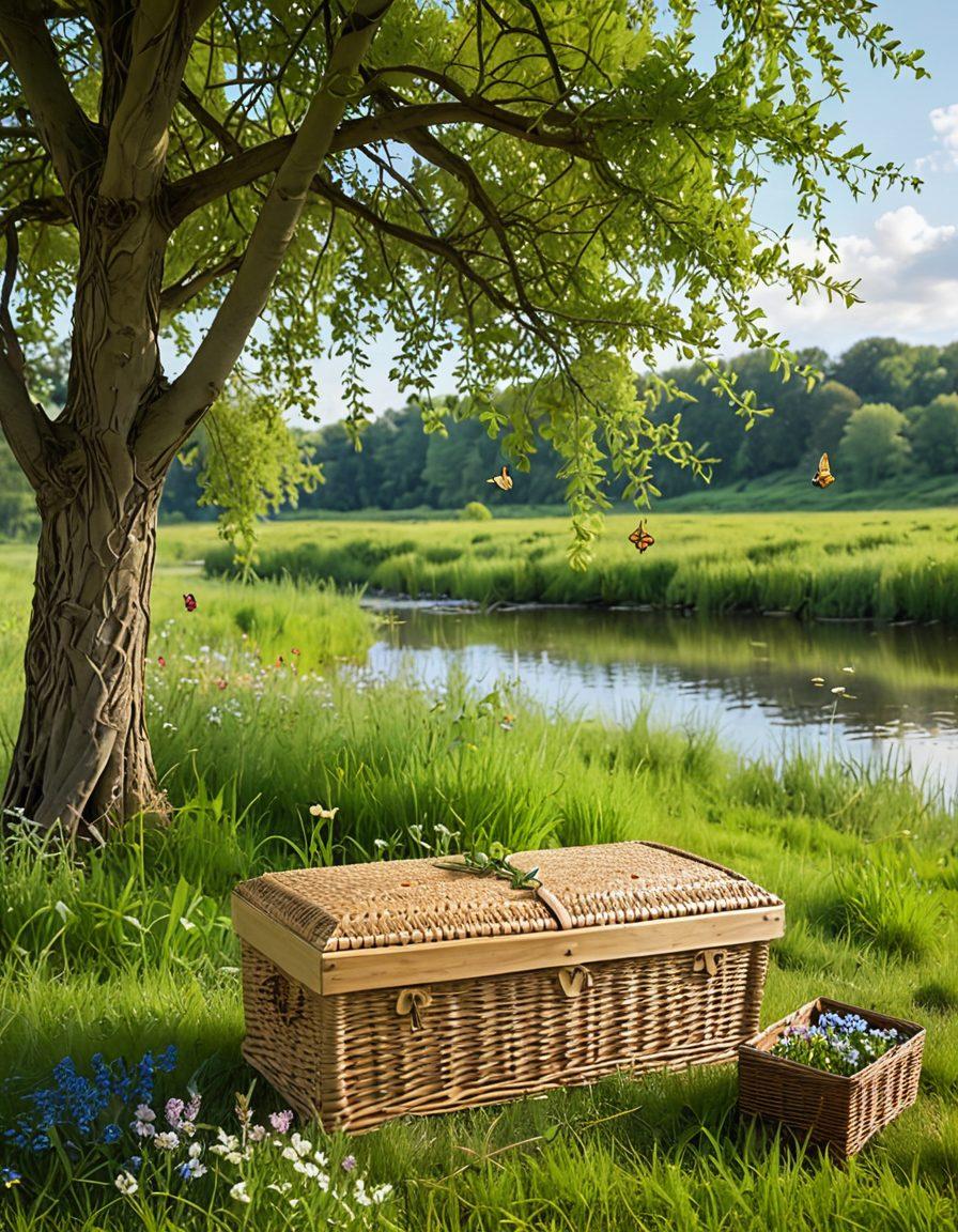 A serene, sunlit meadow with wildflowers gently swaying; a biodegradable casket made from woven willow nestled among the flowers. Beside it, a young tree sapling is planted, symbolizing life and renewal. Butterflies flutter above, and a soft river flows in the background. The scene exudes peace, nature, and sustainability. painting. vibrant colors.